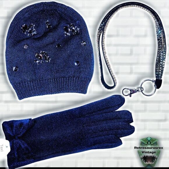 CHARMING Charlie Jeweled Beanie Hat, Texting Gloves, & Rhinestone Lanyard Set, B